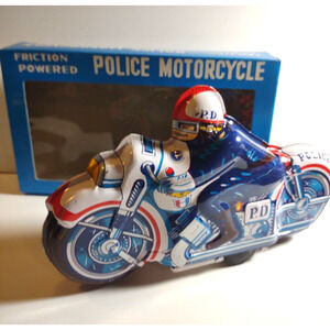 Motorcycle Toy Tin Friction Policeman Cycle Vintage Original Box Japan Retro NOS